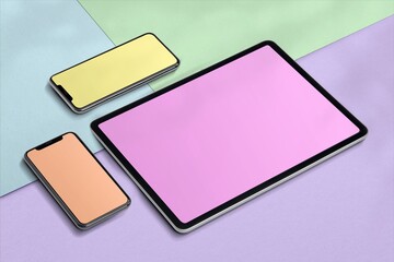 Colorful mobile devices and tablet mockup on pastel background © Rawpixel.com