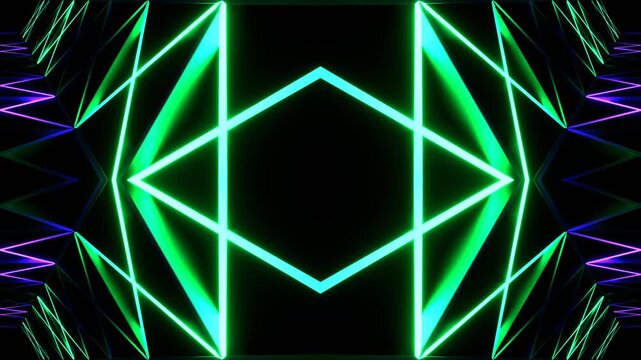 Purple and Turquoise Neon Light Moves Along Grate Kaleidoscope Background VJ Loop in 4K
