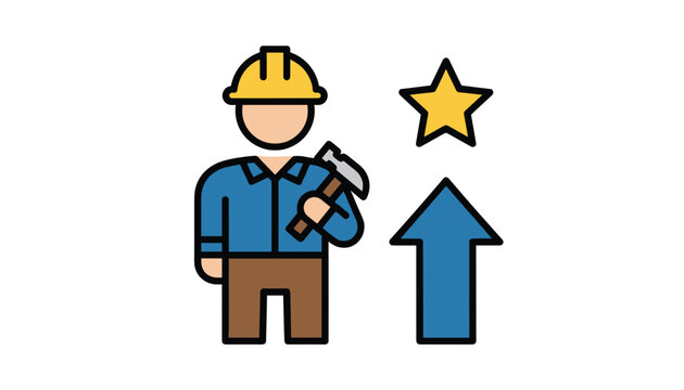 Construction success icon showing a builder wearing a hard hat and holding a hammer next to a rising arrow.
