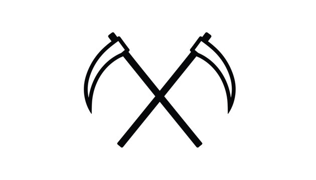Minimalist crossed scythes line art illustration representing traditional agriculture, harvesting, and death.