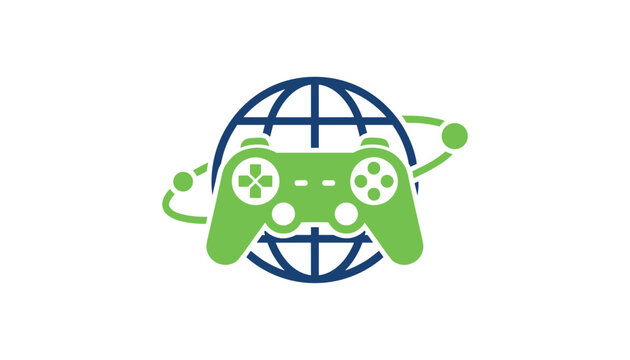 Global gaming icon featuring a green video game controller with orbit rings in front of a blue globe background.