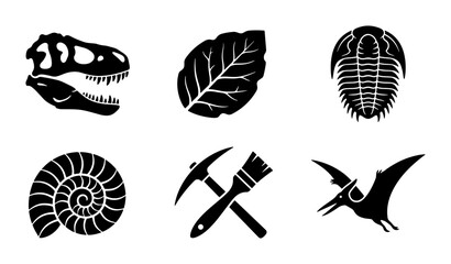 Fossil Icons Set: Dinosaur Skull, Leaf, Trilobite, Ammonite, Tools, Pterodactyl © Arko