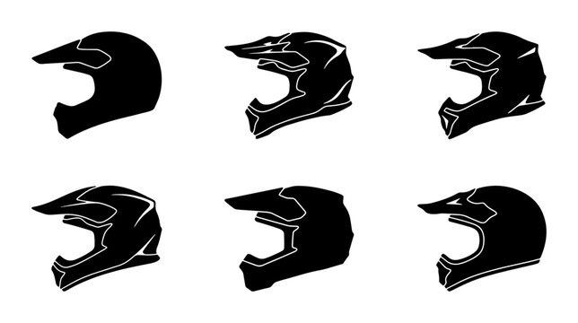 Motocross Helmet Icons, Motorcycle Safety Gear Silhouettes, Extreme Sports Protective Headwear Collection