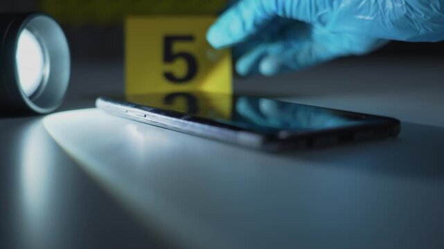 Flashlight beam shining on smartphone as gloved hand sets evidence marker, blurred yellow crime scene tape in background, forensic cybercrime investigation