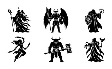 Fototapeta premium Fantasy Warrior Icons, Mythical Creatures, Dark Magic Characters, Silhouette Set