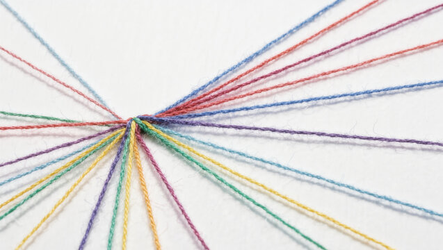 Colored thread converging at central point, suggesting collaboration, connection, diversity, and creative teamwork