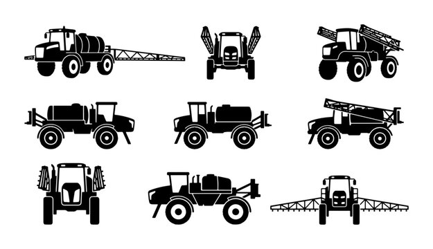 Agricultural Sprayer Icons Set, Farm Machinery Vector Graphics, Crop Duster Vehicle Illustrations