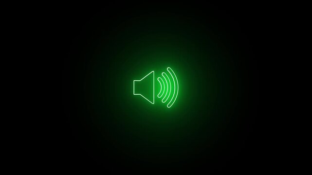 Glowing green neon sound speaker icon vibrating in motion video clip