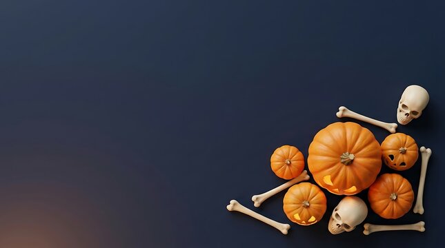 Festive Halloween background featuring orange carved pumpkins and realistic human bones arranged elegantly on a dark moody surface with soft glowing ambient lighting