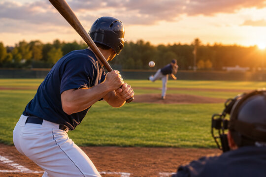 Baseball Batter in Hitting Position with Pitcher Throwing Ball on Field during Sunset, Action Sports Match with Golden Hour Lighting