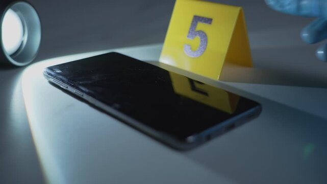 Smartphone illuminated by flashlight beam as gloved hand places evidence marker, dark cybercrime scene, forensic investigation, close up shot