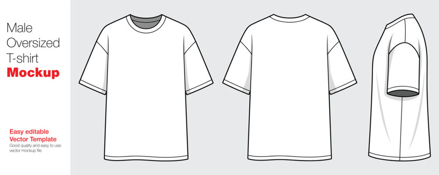 Front, back, and side views of a blank white male oversized t-shirt. Vector template for design.