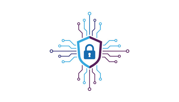 Digital security shield with a central padlock icon surrounded by circuit board lines representing cybersecurity and data protection.