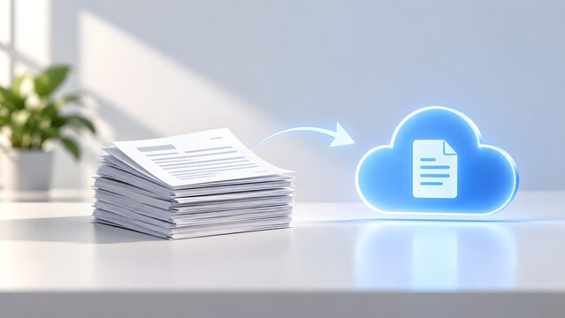 Paper documents transferring to a glowing digital cloud storage icon representing paperless office and data backup