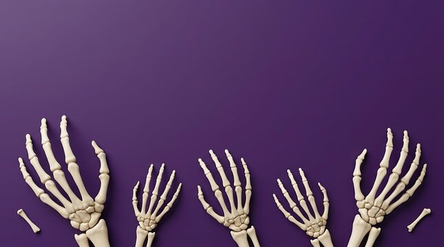 Many realistic bony skeleton hands reaching up from below on a plain dark purple background for a spooky creative Halloween holiday celebration design