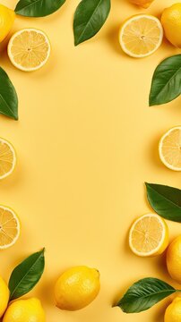 lemon slices with green leaves on yellow surface food preparation