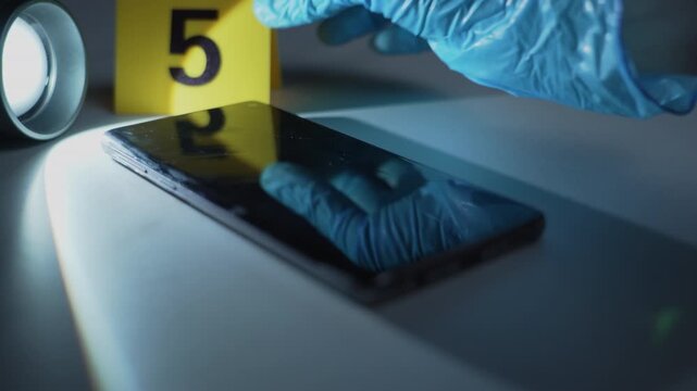 Smartphone illuminated by flashlight as hand places evidence marker, focus shift to marker five with slow zoom in, dark cybercrime scene