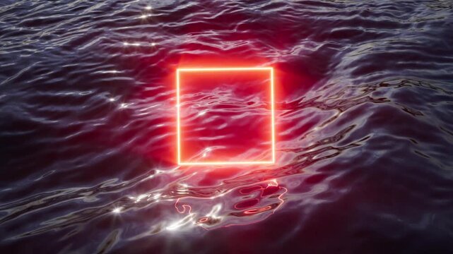Neon circle glows over dark water with dramatic red reflections. Seamless loop for futuristic screens, titles, and motion design. 3d render motion.