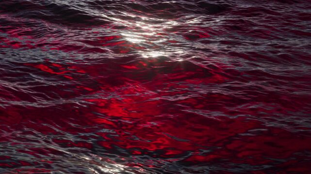 Looped dark red water texture with metallic highlights and fluid wave motion. Intense abstract background for dramatic, premium, and cinematic digital visuals. 3D render motion.