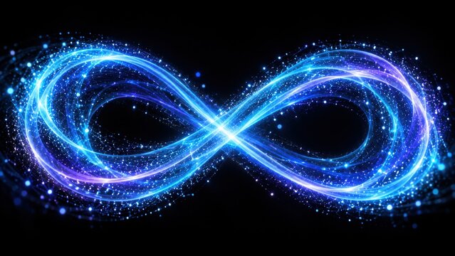 Infinity symbol crafted from glowing blue energy particles for eternal loop concept background.