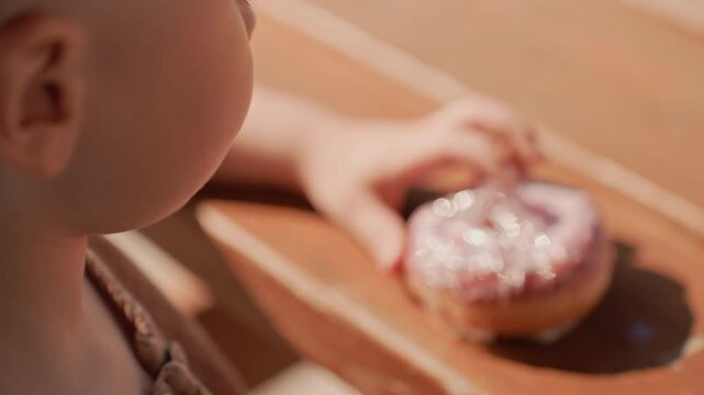 Young girl examines pink frosted donut wrapped in plastic on wooden surface. Her profile is visible as girl reaches out to touch treat with soft lighting highlighting her features and hands