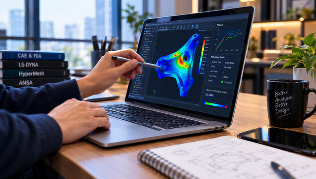 Engineer Analyzing Finite Element Analysis Simulation on Laptop in Modern Engineering Workspace