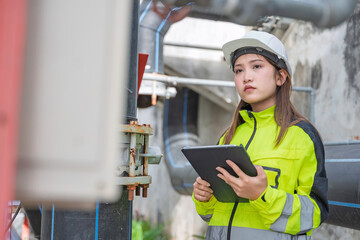 Female engineer inspecting water pipelines with a digital tablet at a water treatment plant....