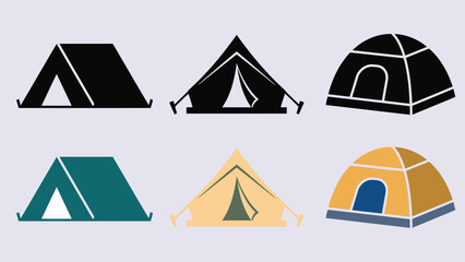 Various camping tent styles and designs in black and color illustrations for outdoor activities and camping gear © Rayhan Studio 