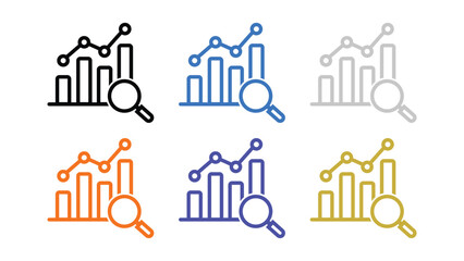 Fototapeta premium Set of colorful line icons depicting bar charts with magnifying glasses for data analysis and research