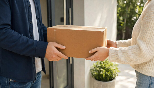 Person receiving a cardboard parcel box from a delivery courier at the home entrance with handing over package delivery residential entrance online shopping customer service shipping servi