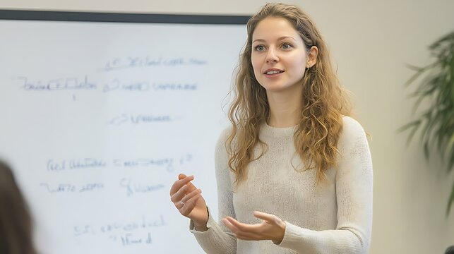 Presenter Explaining Data on Whiteboard, Sharing Ideas in Meeting, Young Woman Giving Presentation