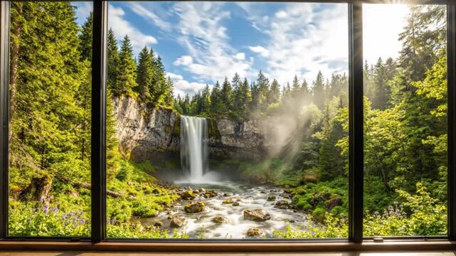 Beautiful forest waterfall flows peacefully beyond a large modern window.