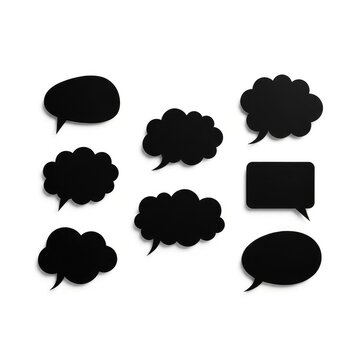 A minimalist composition featuring various solid black speech bubbles and communication clouds arranged neatly on a clean white background, cloud, message, talk