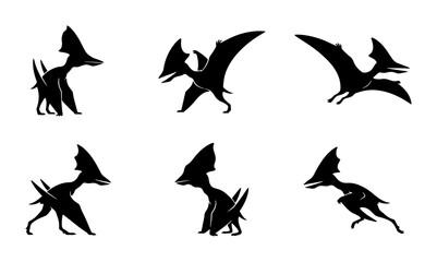 Pterodactyl Silhouettes, Dinosaur Vector Icons, Prehistoric Flying Reptile Graphics © Mondira