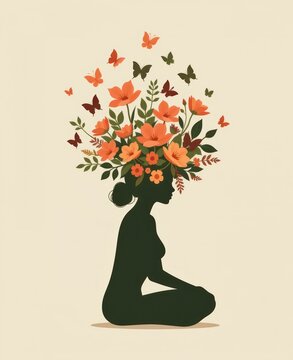 Silhouette of a woman with a floral and butterfly headdress
