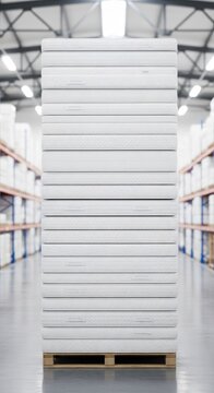 A tall stack of plush white mattresses stands organized in a clean warehouse space, ready for logistical shipping to residential addresses, sleep, relaxation, residential