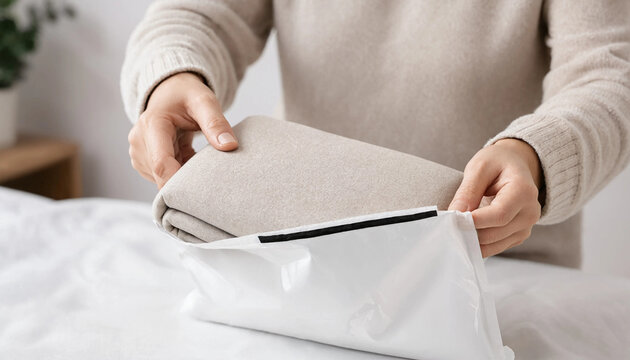 Person sliding a folded soft beige blanket into a white protective shipping bag with home textile delivery moving house home goods shipping supplies online shop e commerce