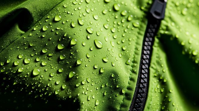 Green waterproof fabric resisting water droplets, showing durable material and zipper detail