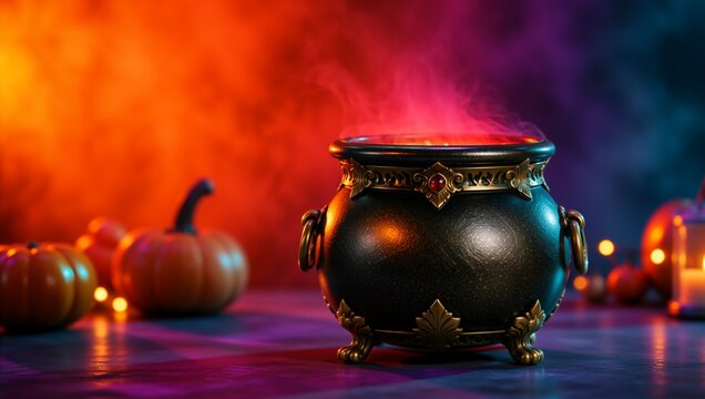 Ornate black witch cauldron with gold trim emitting pink smoke. Magic potion brewing concept for Halloween. Spooky background with pumpkins and colorful lights