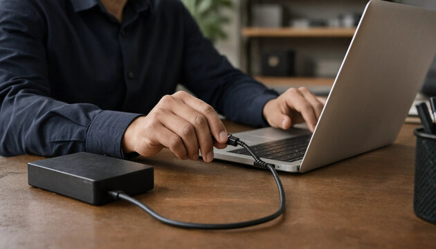 Business professional connecting portable external hard drive to laptop for data transfer with portable storage laptop computer connecting cable computer connection office work backup data