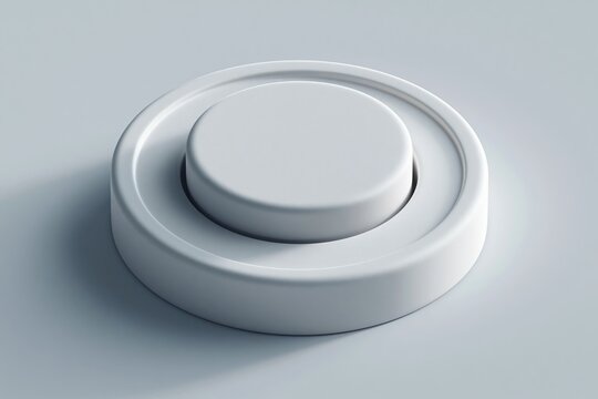 Modern round metallic button on a smooth gray surface, showcasing a minimalist design suitable for various applications in technology and product design