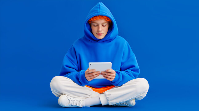 Person with orange hair in blue hoodie holding white tablet. Studio portrait on blue background