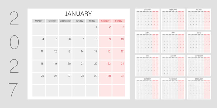 2027 calendar minimal template with monthly and yearly layouts.