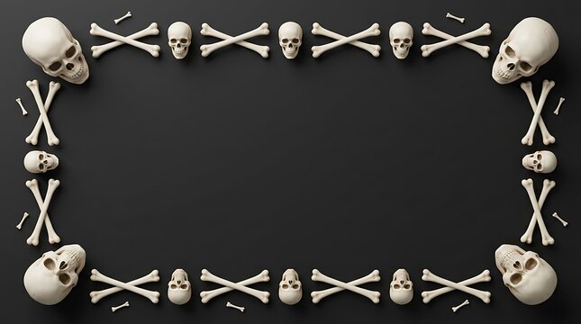 Top down view of a rectangular frame made of human skulls and crossed bones isolated on a solid dark black background for Halloween design concepts