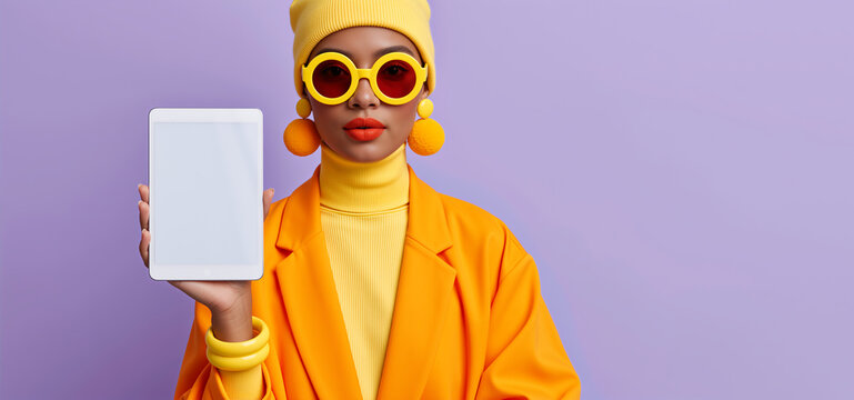 Woman in orange blazer and yellow beanie holding tablet with blank screen. Fashion portrait on purple background with text area. Color block style