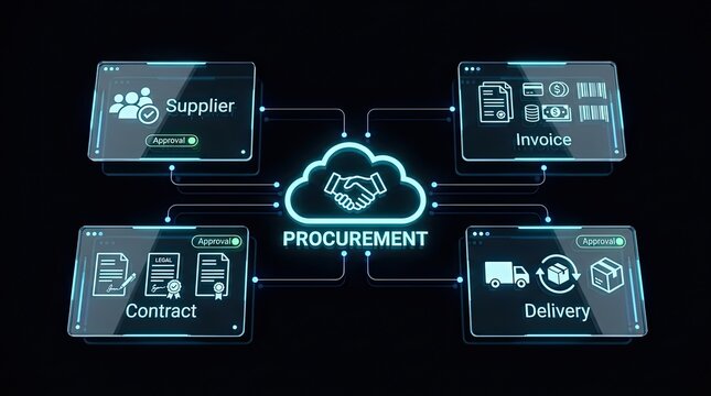 Procurement supply chain process flow with cloud logistics icons procurement logistics contract delivery business