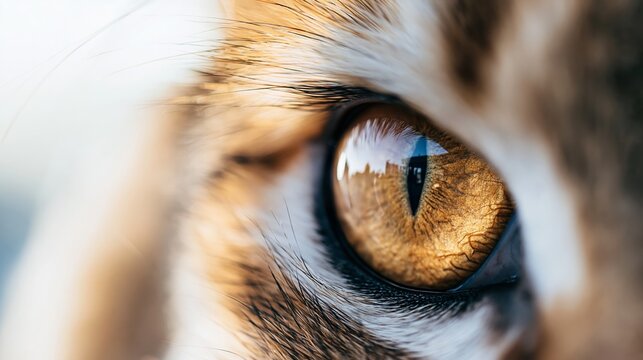 Cat's eye, macro view revealing intricate golden iris patterns, vertical pupil, and soft fur texture around