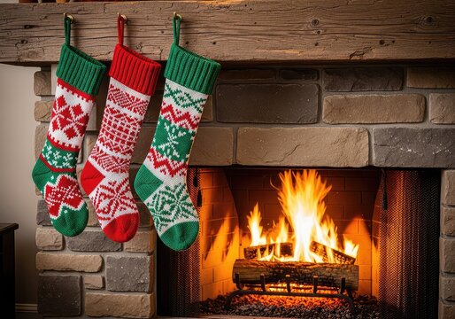 Festive knit stockings hang from a rustic wooden mantle above a glowing stone fireplace. Warm amber light fills the decorated holiday room, logs, interior, red