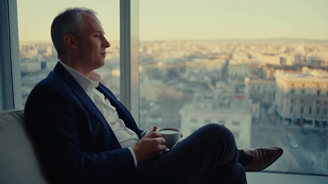 Mature man in dark suit sits beside large window, raises a small cup for a sip, then rests it in his hands while looking across a sunlit urban skyline from a quiet modern interior