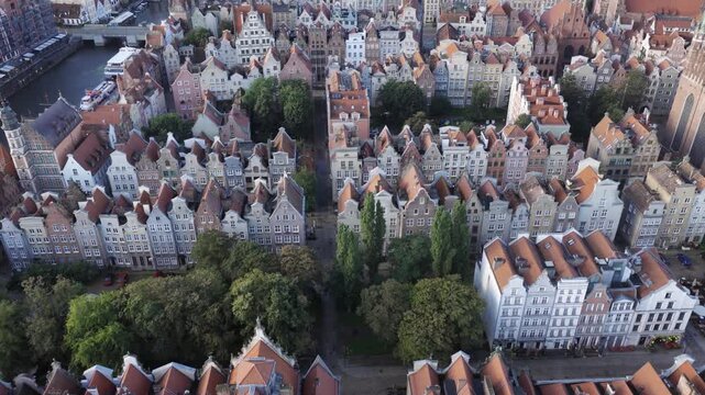 Aerial view of historic gabled houses and narrow streets in the old town of Gdansk, Pomeranian Voivodeship, Poland.